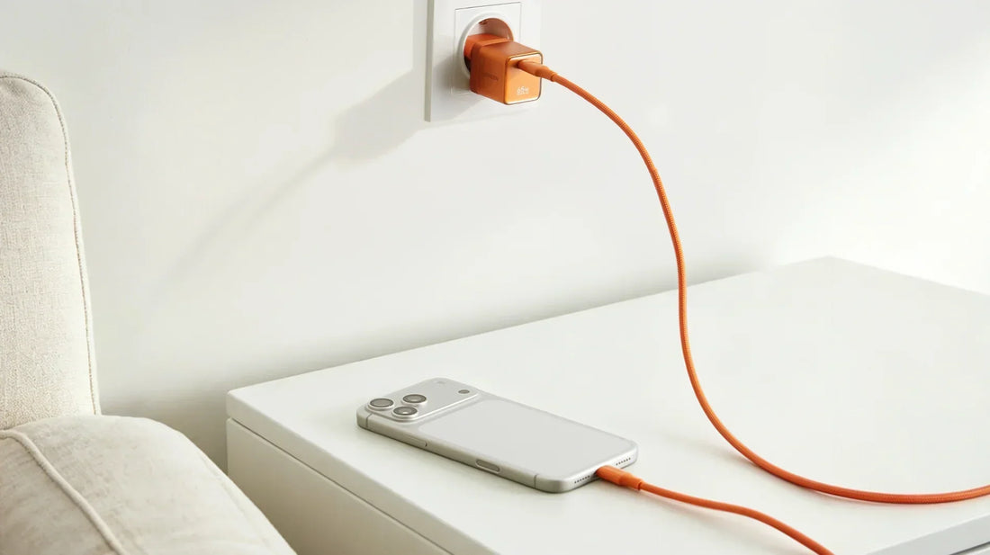 UGREEN Nexode Air USB-C Oplader van 65 W naast een laptop voor opladen via USB-C Power Delivery.