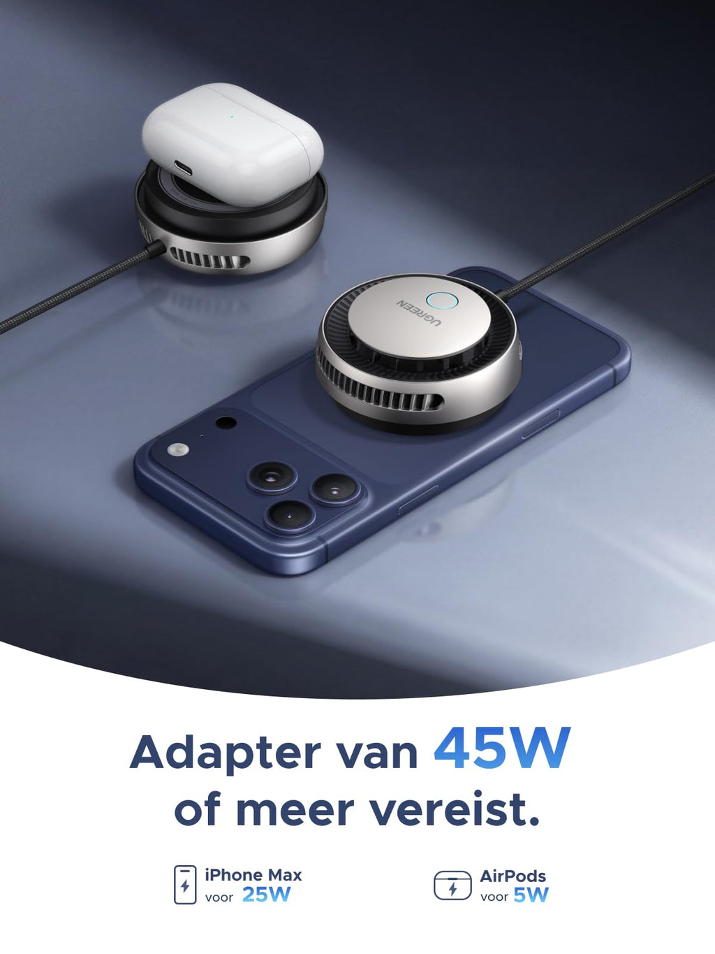 UGREEN Magflow Pro Qi2 25W magnetisch oplaadstation met actieve koeling