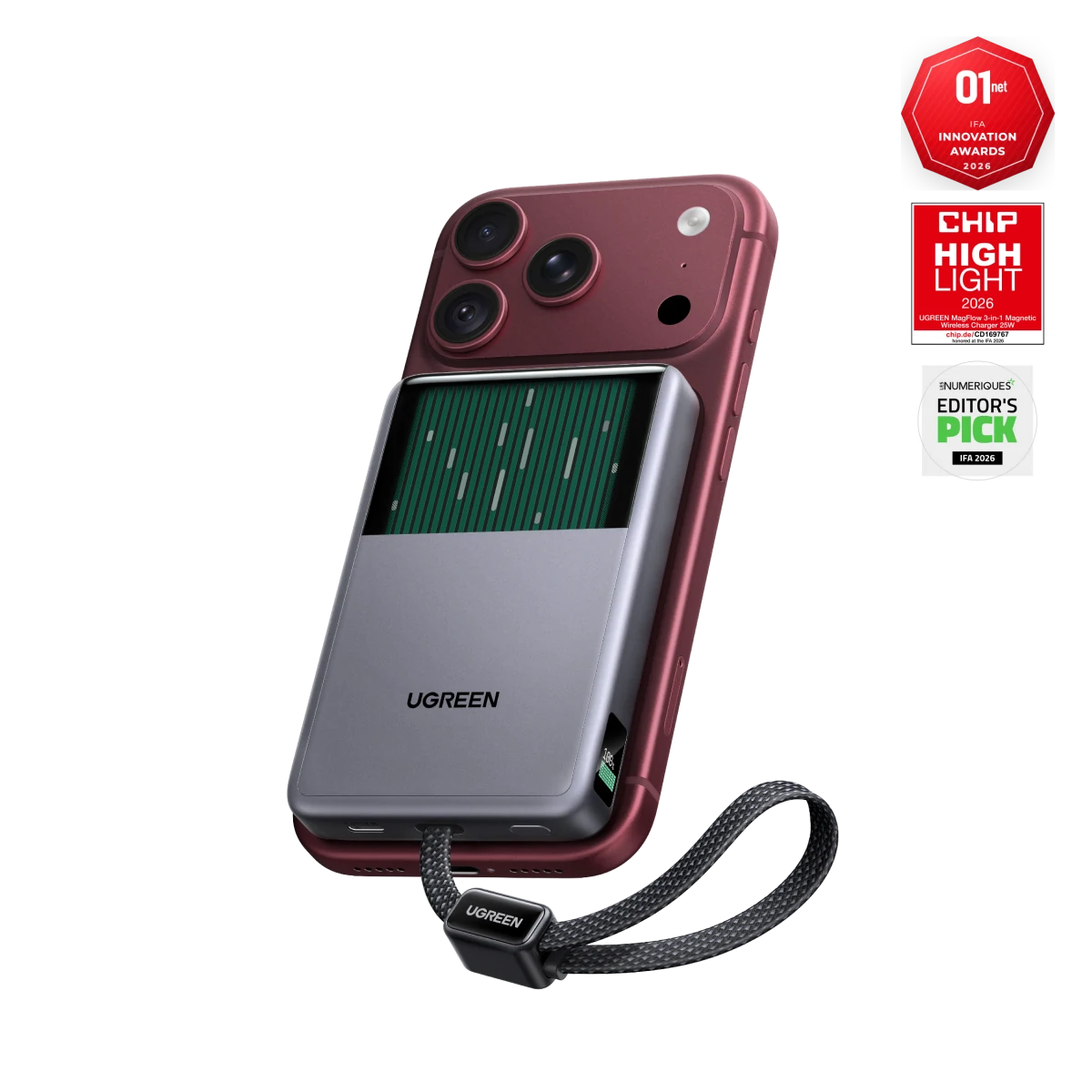 UGREEN MagFlow Pro Magnetische Powerbank (10.000 mAh, Qi2 25 W, Ingebouwde 45 W USB-C-kabel)