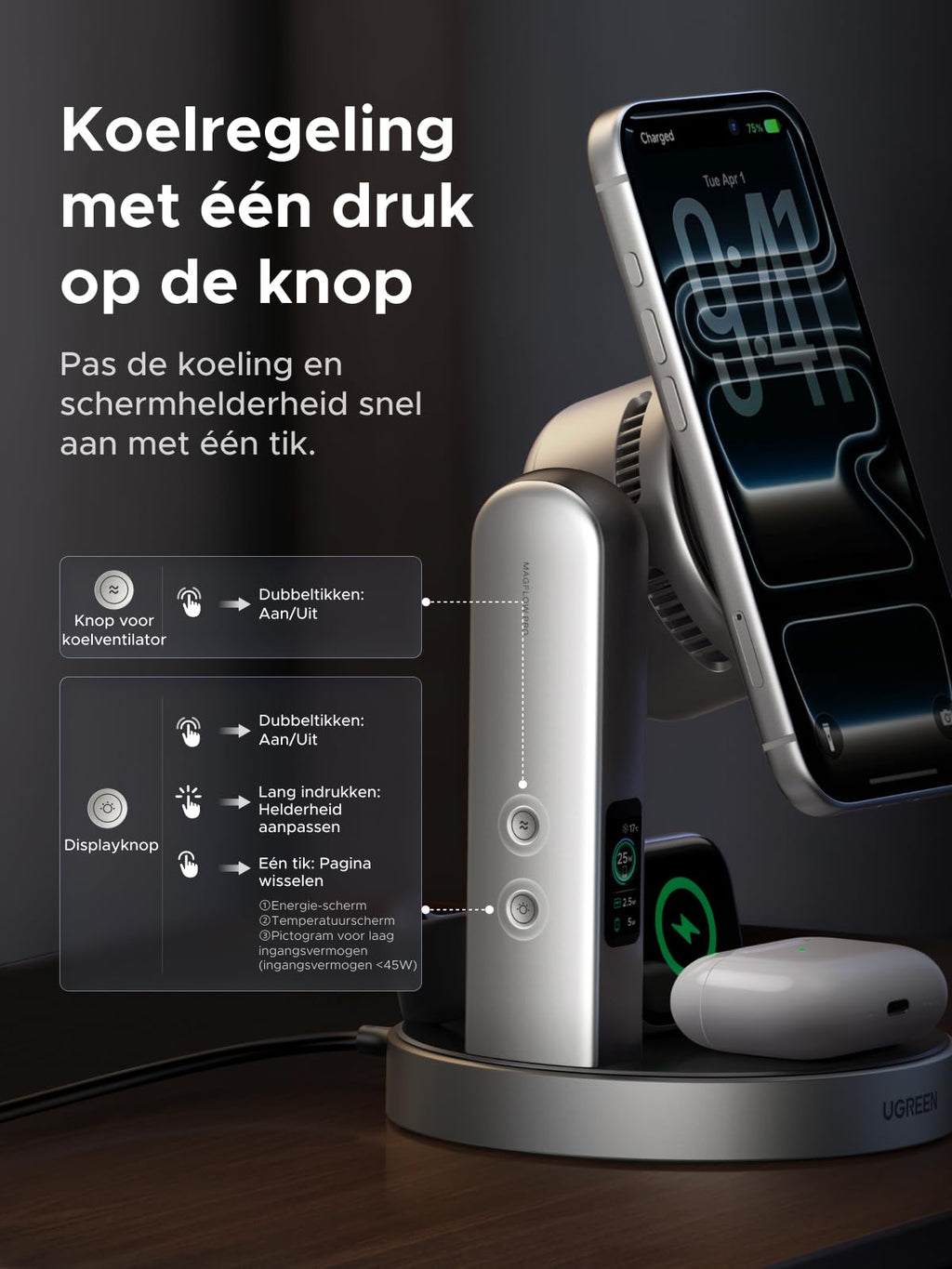 UGREEN MagFlow Pro 25W Qi2 3-in-1magnetisch oplaadstation met koeling
