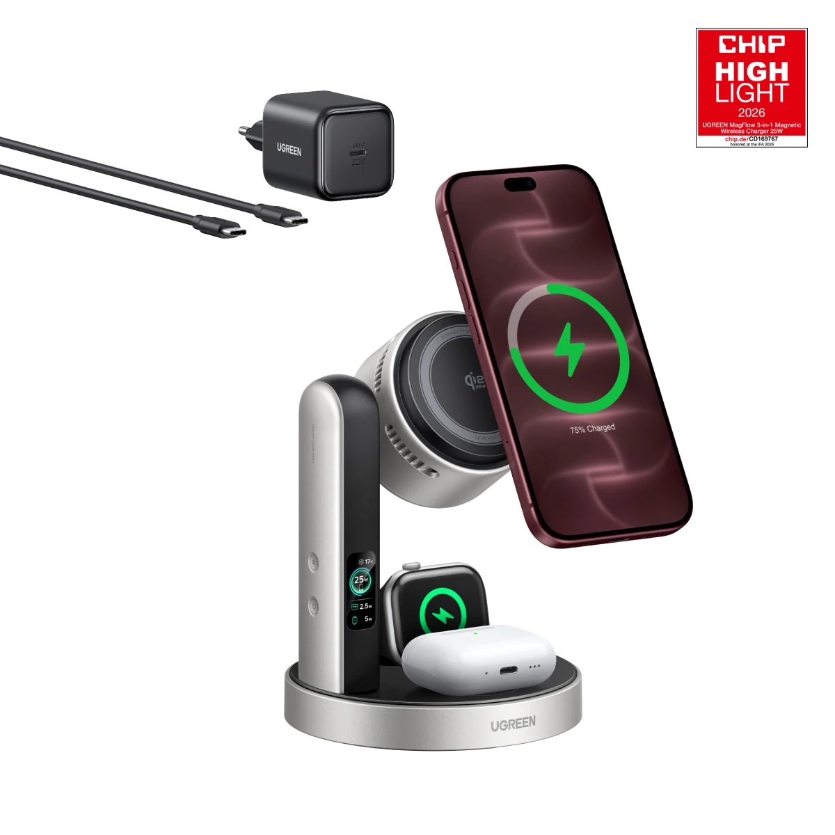 UGREEN MagFlow Pro Magnetisch Draadloos Laadstation (3-in-1, Qi2 25 W)