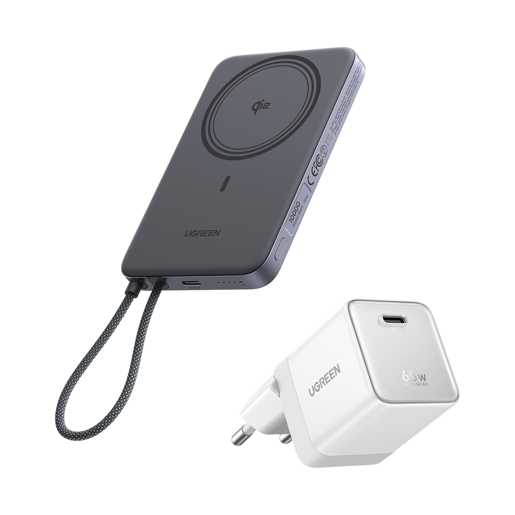 UGREEN MagFlow Air Powerbank & Nexode Air-oplader in Bundel (5.000 mAh / 10.000 mAh, Qi2 15 W, 65 W GaN)