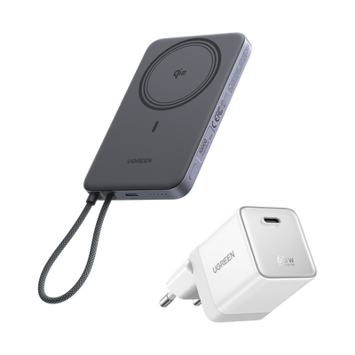 UGREEN MagFlow Air Powerbank & Nexode Air-oplader in Bundel (5.000 mAh / 10.000 mAh, Qi2 15 W, 65 W GaN)