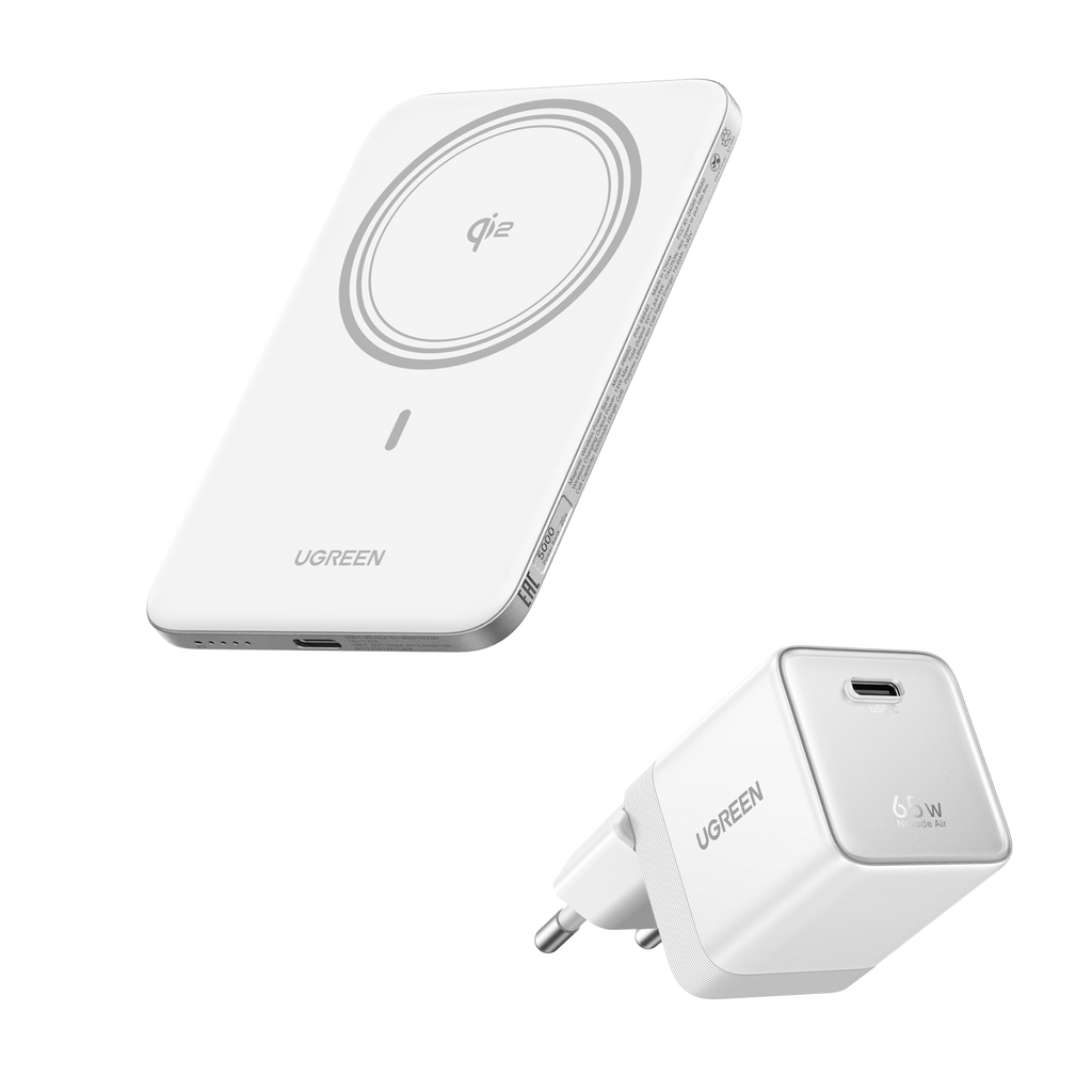 UGREEN MagFlow Air Powerbank & Nexode Air-oplader in Bundel (5.000 mAh / 10.000 mAh, Qi2 15 W, 65 W GaN)