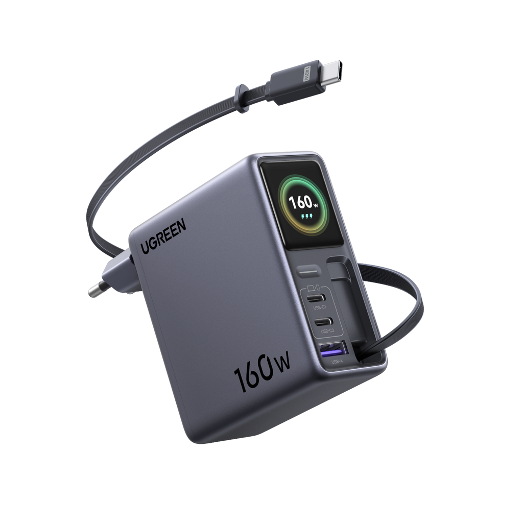 UGREEN Nexode Pro Oplader met Smart Display (160 W, 4 Poorten, GaN, Uitschuifbare Kabel, App-bediening)