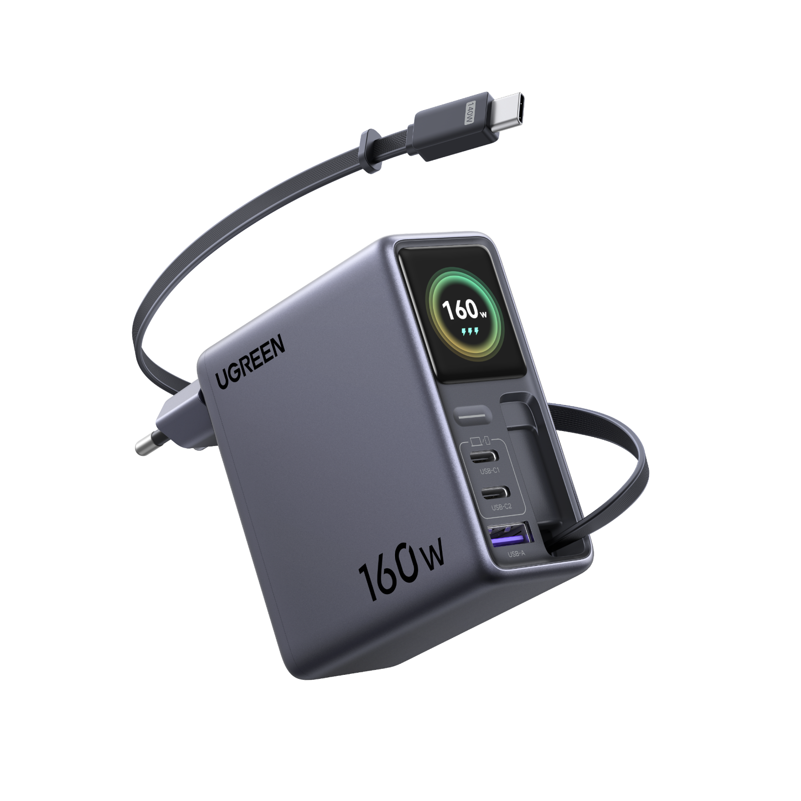 UGREEN Nexode Pro Oplader met Smart Display (160 W, 4 Poorten, GaN, Uitschuifbare Kabel, App-bediening)