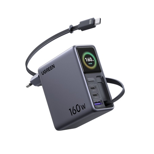 UGREEN Nexode Pro Oplader met Smart Display (160 W, 4 Poorten, GaN, Uitschuifbare Kabel, App-bediening)