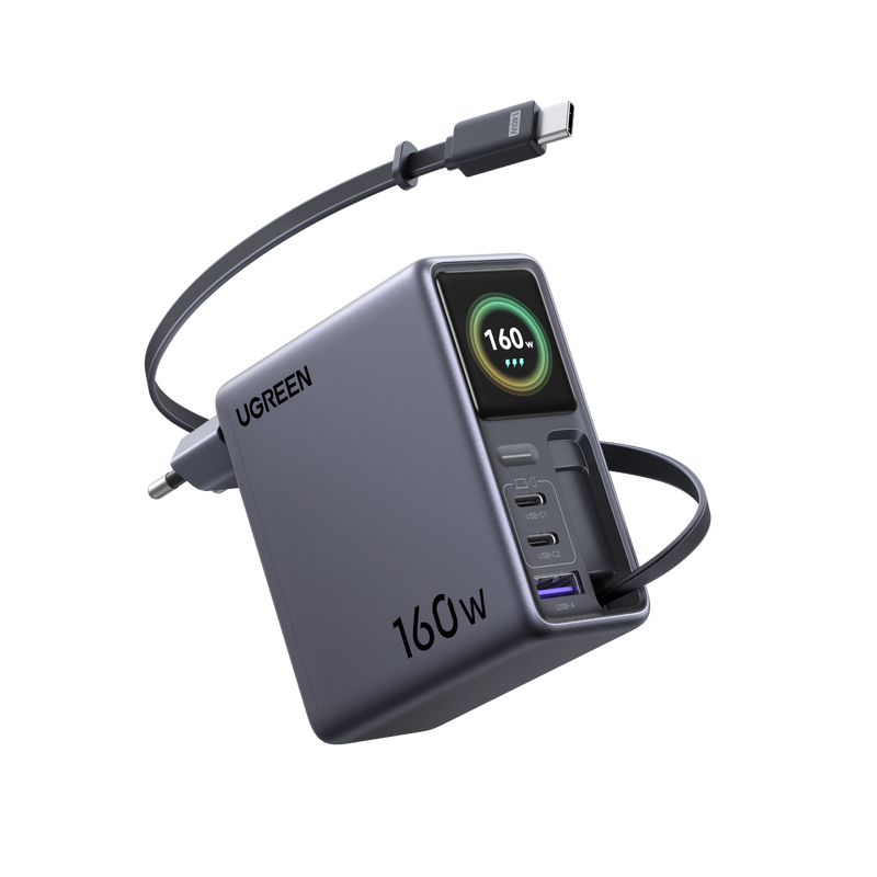 UGREEN Nexode Pro Oplader met Smart Display (160 W, 4 Poorten, GaN, Uitschuifbare Kabel, App-bediening)