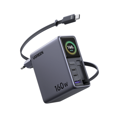 UGREEN Nexode Pro Oplader met Smart Display (160 W, 4 Poorten, GaN, Uitschuifbare Kabel, App-bediening)