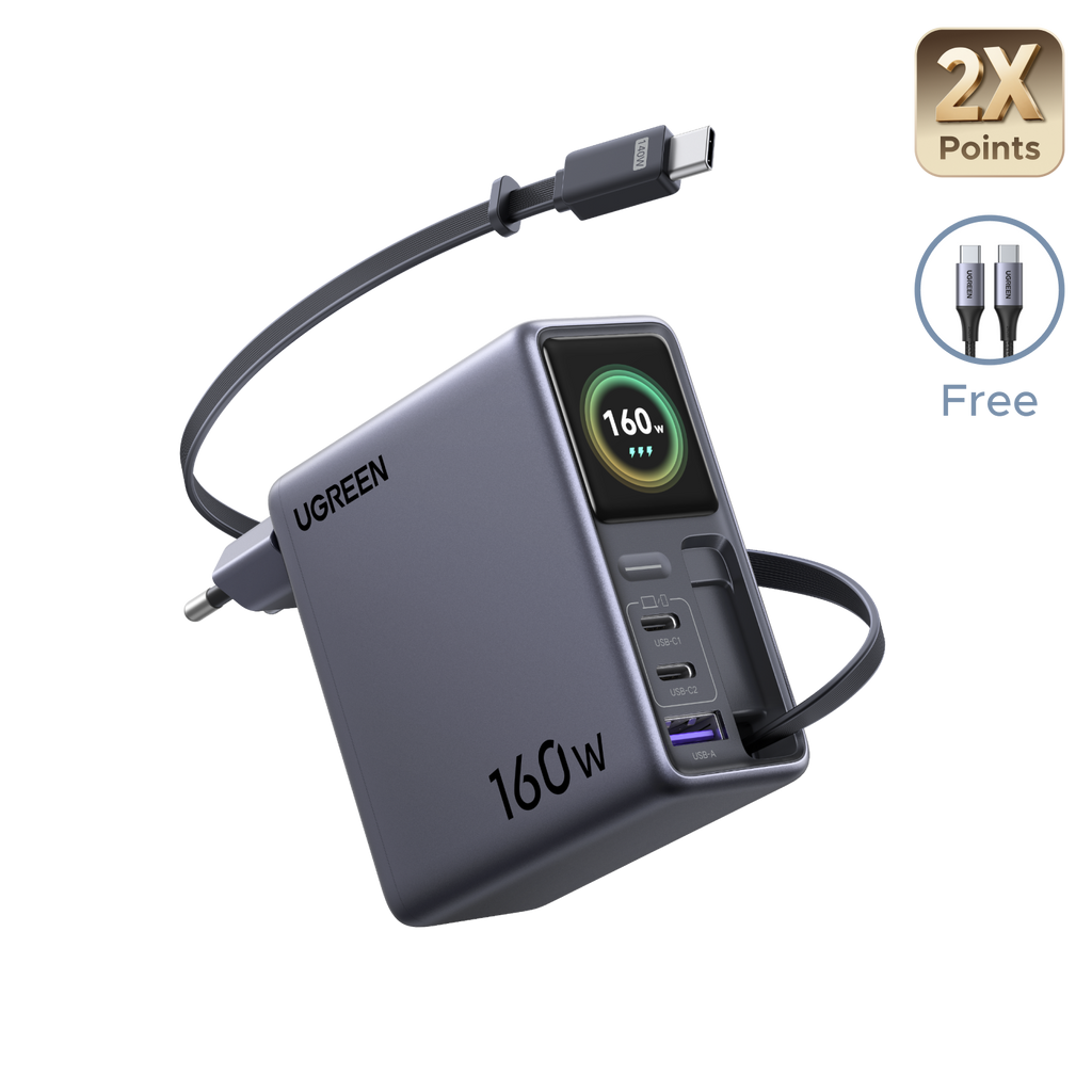 UGREEN Nexode Pro Oplader met Smart Display (160 W, 4 Poorten, GaN, Uitschuifbare Kabel, App-bediening)