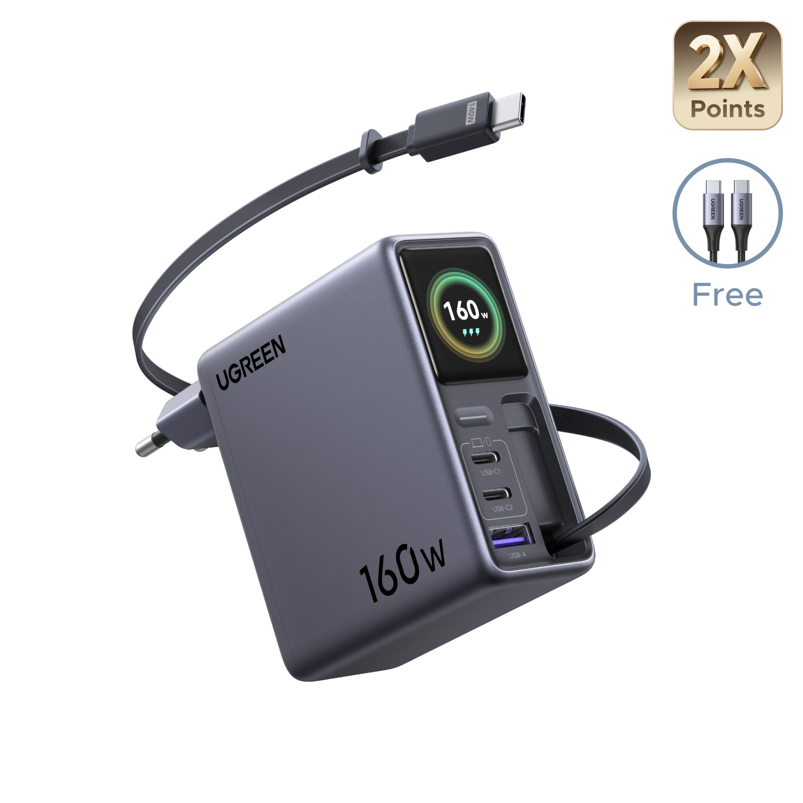 UGREEN Nexode Pro Oplader met Smart Display (160 W, 4 Poorten, GaN, Uitschuifbare Kabel, App-bediening)