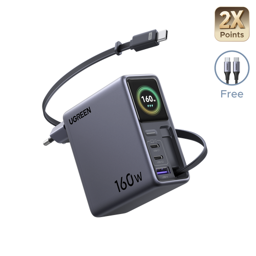 UGREEN Nexode Pro Oplader met Smart Display (160 W, 4 Poorten, GaN, Uitschuifbare Kabel, App-bediening)