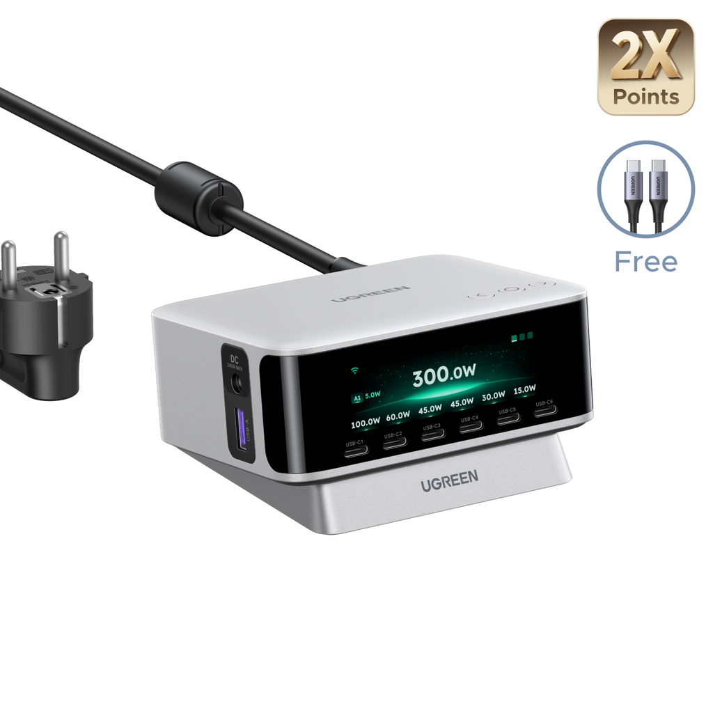 UGREEN Nexode Pro Desktopoplader met Smart Display (300 W, 8 Poorten, GaN, 5 Laadmodi)