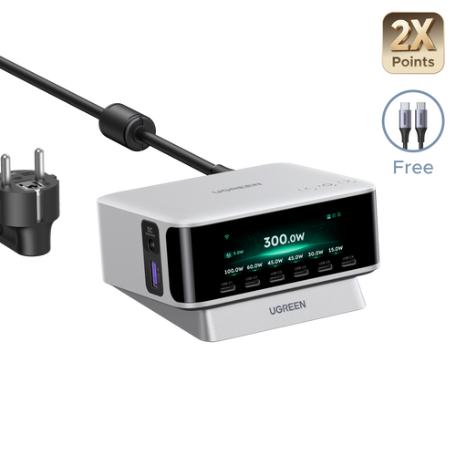 UGREEN Nexode Pro Desktopoplader met Smart Display (300 W, 8 Poorten, GaN, 5 Laadmodi)