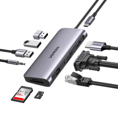 UGREEN 10-in-1 USB C-hub (HDMI VGA-adapter USB C Ethernet Gigabit 1000 Mbps Dockingstation)