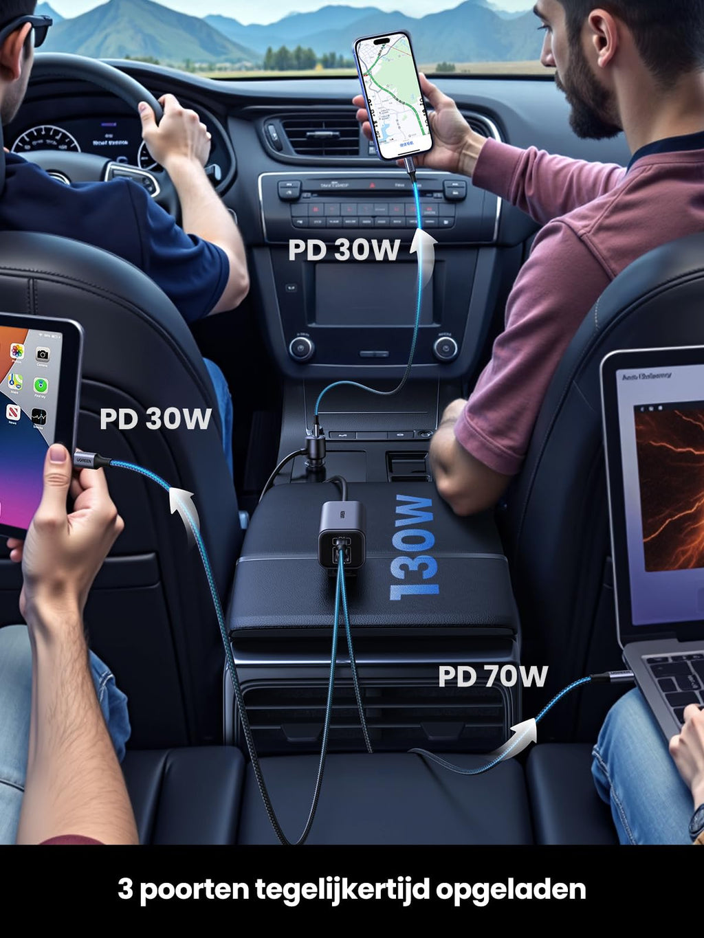 UGREEN 130W GaN sigarettenaansteker USB PD3.0 autolader USB C 4 - poorts