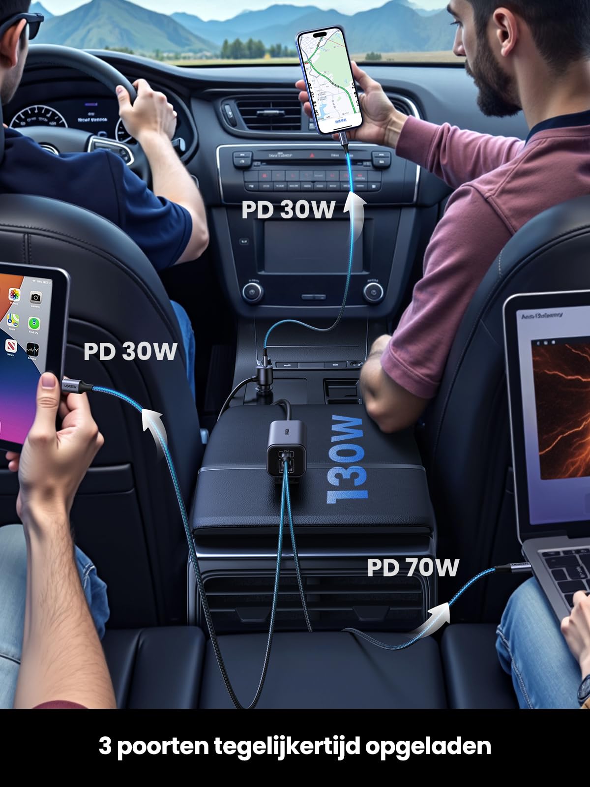 UGREEN 130W GaN sigarettenaansteker USB PD3.0 autolader USB C 4 - poorts