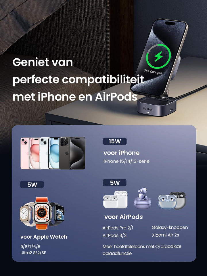 UGREEN 2 in 1 opvouwbaar oplaadstation Qi2 gecertificeerd 15W oplaadstandaard compatibel met MagSafe oplader voor iPhone 15/14/13/12, AirPods, ondersteunt stand - by functie, met 1M kabel