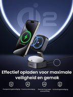 UGREEN 2 in 1 opvouwbaar oplaadstation Qi2 gecertificeerd 15W oplaadstandaard compatibel met MagSafe oplader voor iPhone 15/14/13/12, AirPods, ondersteunt stand - by functie, met 1M kabel