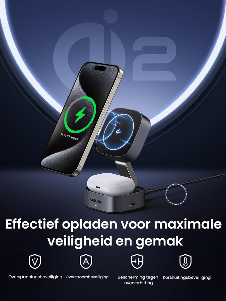 UGREEN 2 in 1 opvouwbaar oplaadstation Qi2 gecertificeerd 15W oplaadstandaard compatibel met MagSafe oplader voor iPhone 15/14/13/12, AirPods, ondersteunt stand - by functie, met 1M kabel