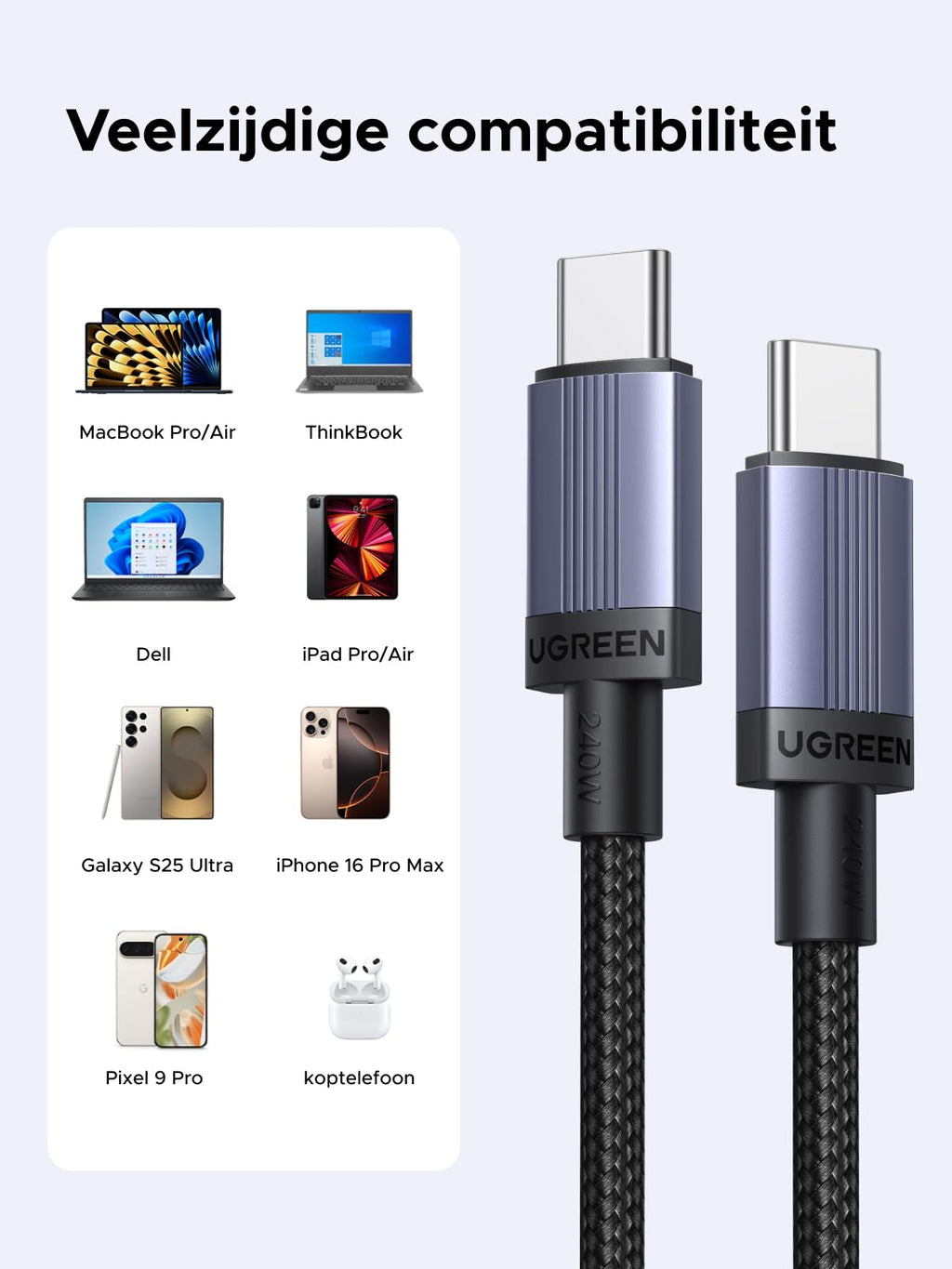 UGREEN 240W USB - C naar USB - C Oplaadkabel (Nylon Gevlochten)