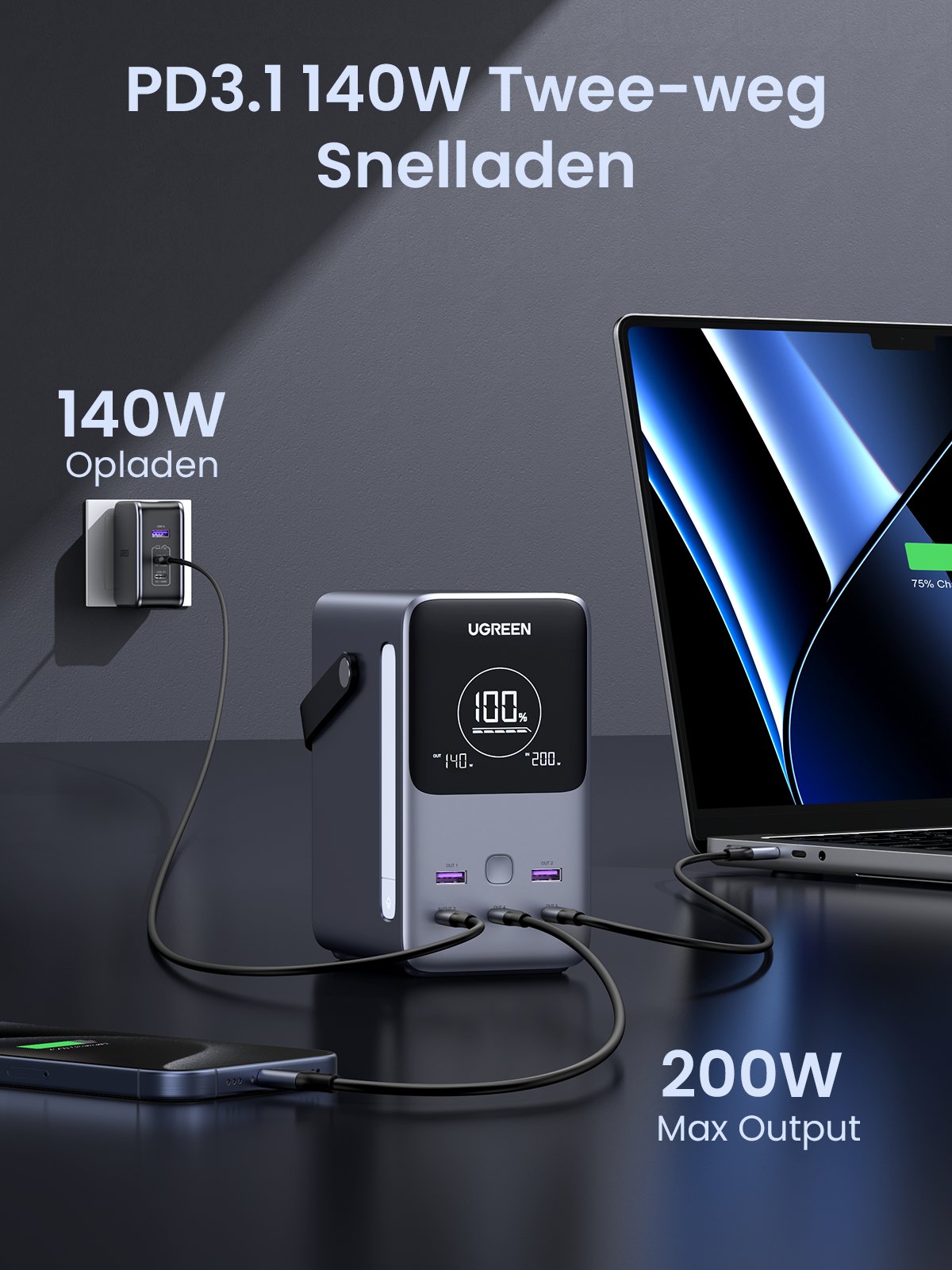 UGREEN 300W Powerbank 48000mAh met Slimme Digitale Display -PD3.1 140w twee-weg snelladen