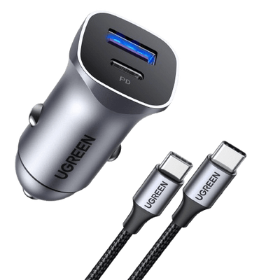 UGREEN 30W 2-in-1 Autolader met 1M USB C Kabel