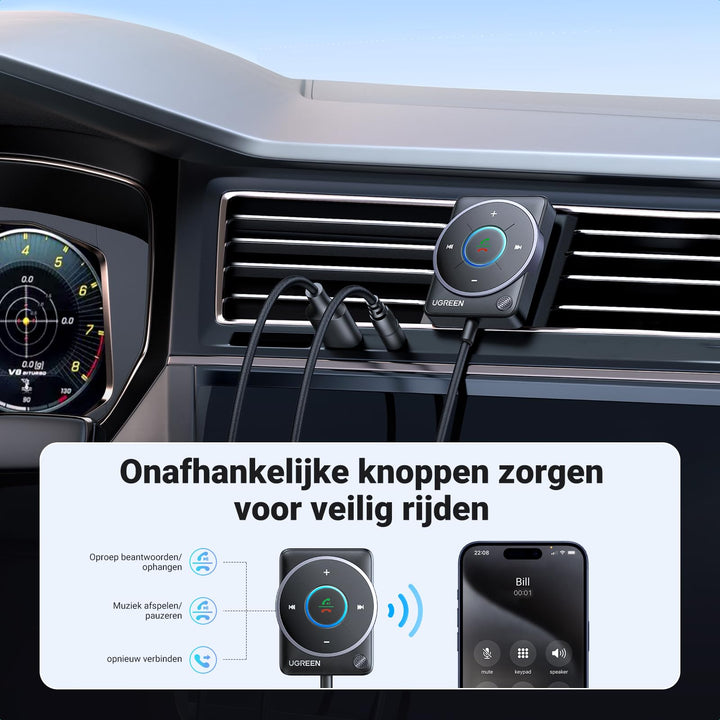 UGREEN Aux Bluetooth 5.4 Adapter Auto Bluetooth - ontvanger Multifunctionele knop voor handsfree bellen en draadloze muziek, dubbele verbinding, RGB - omgevingslicht, compatibel met autoradiosysteem