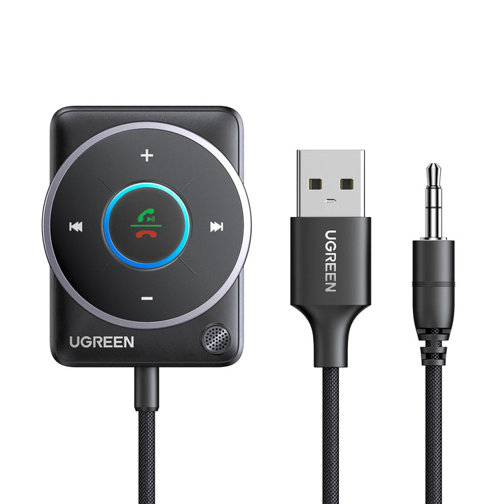 UGREEN Aux Bluetooth 5.4 Adapter Auto Bluetooth - ontvanger Multifunctionele knop voor handsfree bellen en draadloze muziek, dubbele verbinding, RGB - omgevingslicht, compatibel met autoradiosysteem