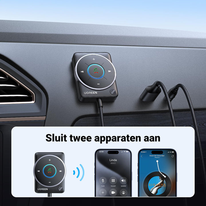 UGREEN Aux Bluetooth 5.4 Adapter Auto Bluetooth - ontvanger Multifunctionele knop voor handsfree bellen en draadloze muziek, dubbele verbinding, RGB - omgevingslicht, compatibel met autoradiosysteem