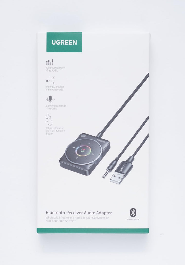 UGREEN Aux Bluetooth 5.4 Adapter Auto Bluetooth - ontvanger Multifunctionele knop voor handsfree bellen en draadloze muziek, dubbele verbinding, RGB - omgevingslicht, compatibel met autoradiosysteem