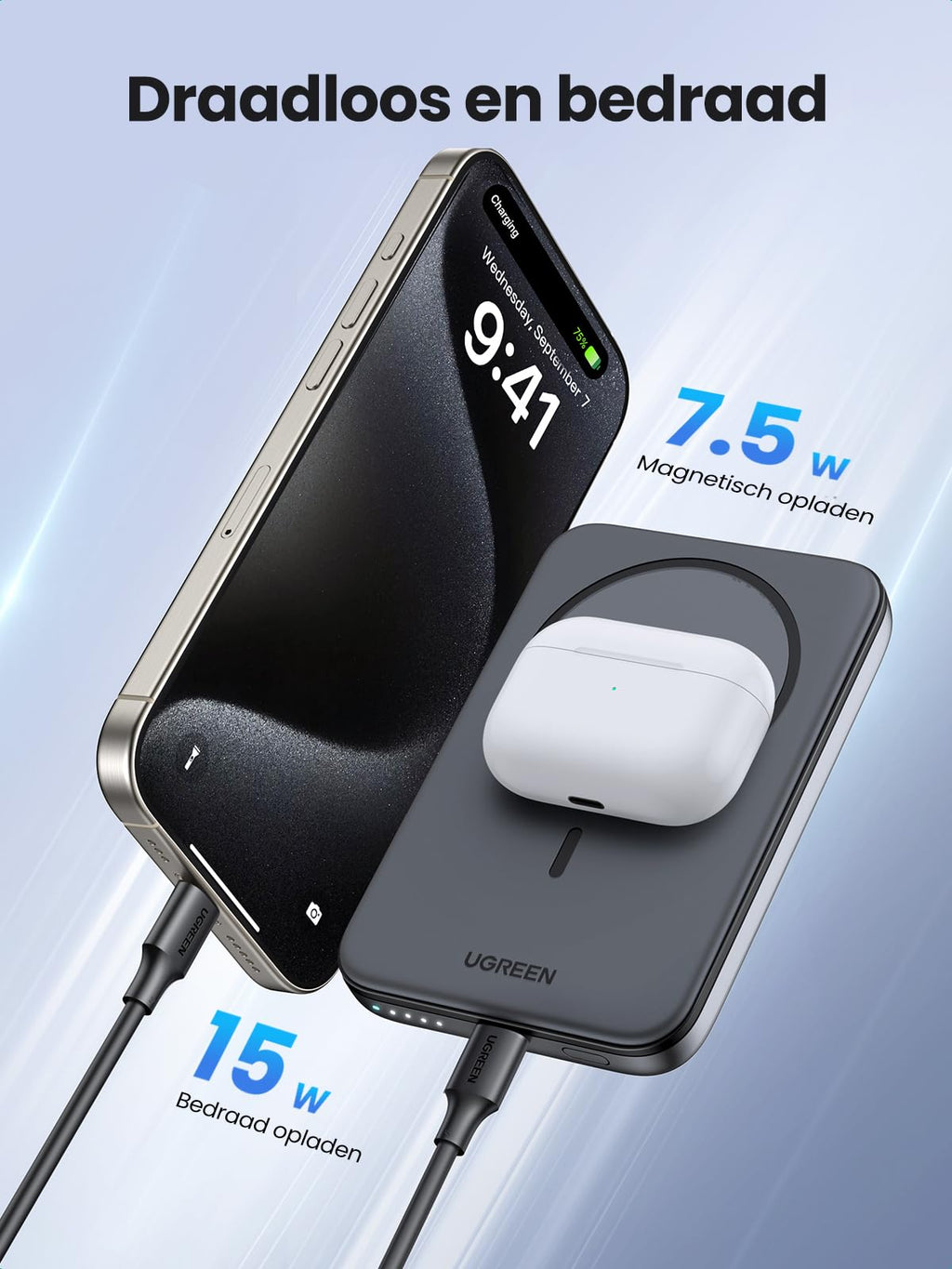 UGREEN 5000mAh  Draadloze Magnetische Powerbank -draadloos en bedraad