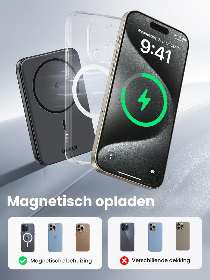 UGREEN Draadloze Powerbank 5000mAh Magnetische Power Bank Klein met USB - C snel opladen (Zwart)