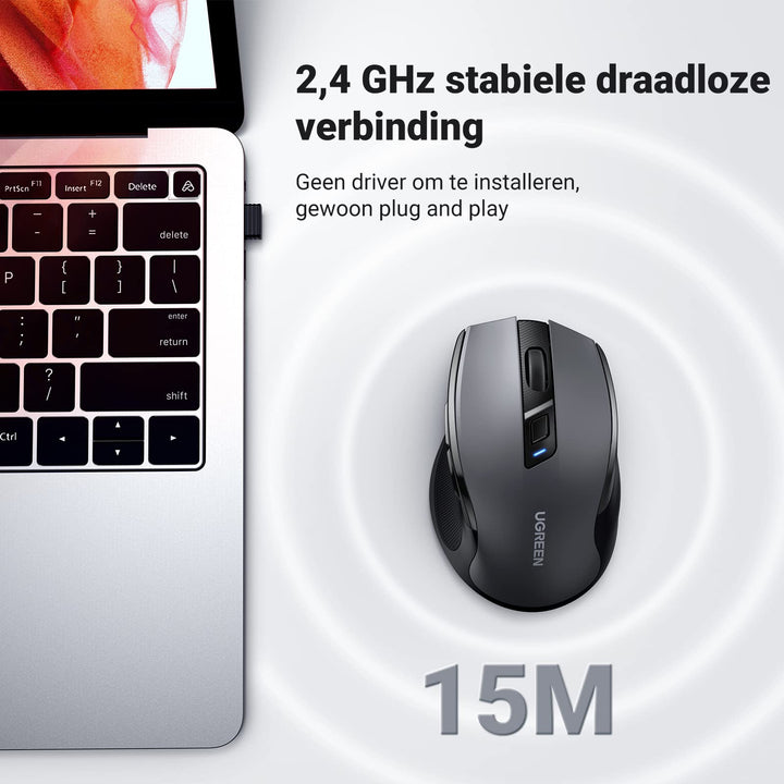 UGREEN Ergonomische Draadloze Muis met USB Ontvanger 2.4 GHz Silent Click USB Muis 4000 DPI Verstelbaar Compatibel met PC,Tablet,Laptop,Windows,MacOS, Linux. (Zwart)