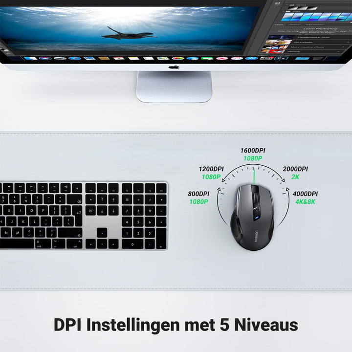 UGREEN Ergonomische Draadloze Muis met USB Ontvanger 2.4 GHz Silent Click USB Muis 4000 DPI Verstelbaar Compatibel met PC,Tablet,Laptop,Windows,MacOS, Linux. (Zwart)