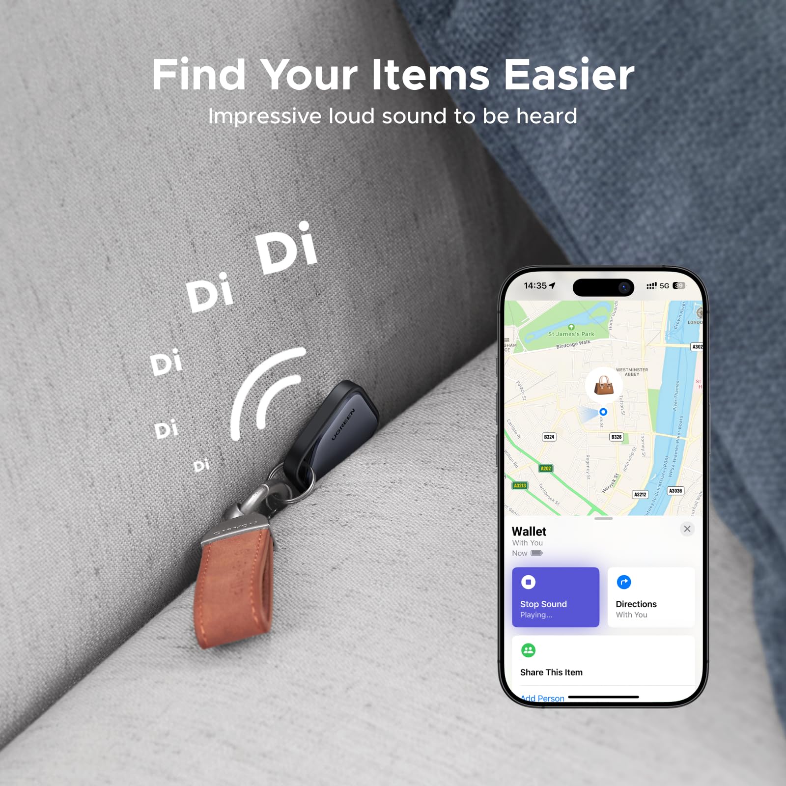 UGREEN Finder compatibel met Apple Find My (alleen iOS), Bluetooth tracker voor bagage, sleutelvinder, smart tag voor sleutels, koffers, paspoorten met vervangbare batterij