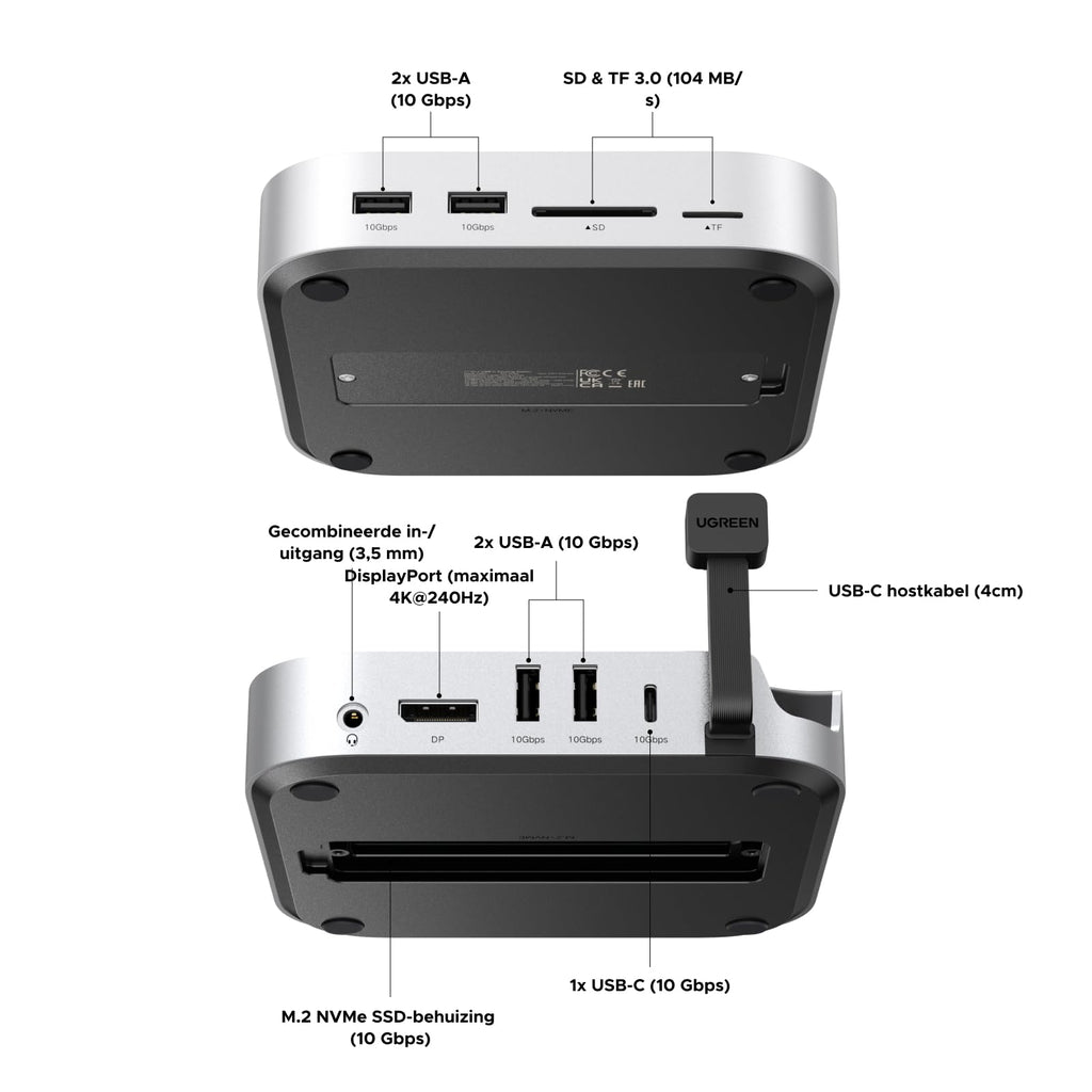 UGREEN Mac Mini M4 Dock met dubbele 4K DisplayPort, 10Gbps USB en NVMe - slot
