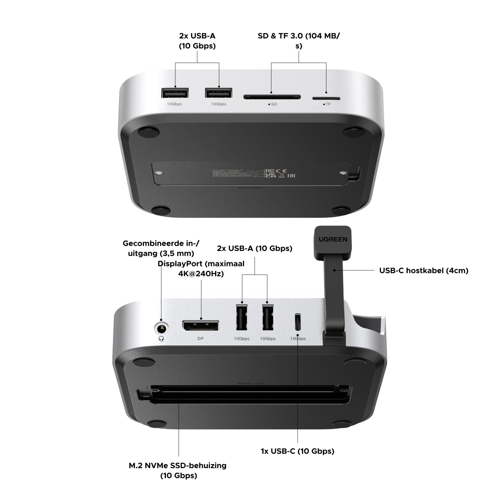 UGREEN Mac Mini M4 Dock met dubbele 4K DisplayPort, 10Gbps USB en NVMe - slot