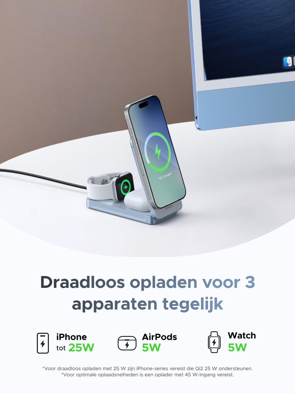 UGREEN MagFlow 3 - in - 1 Magnetische Draadloze Oplader 25W (MagSafe compatible)