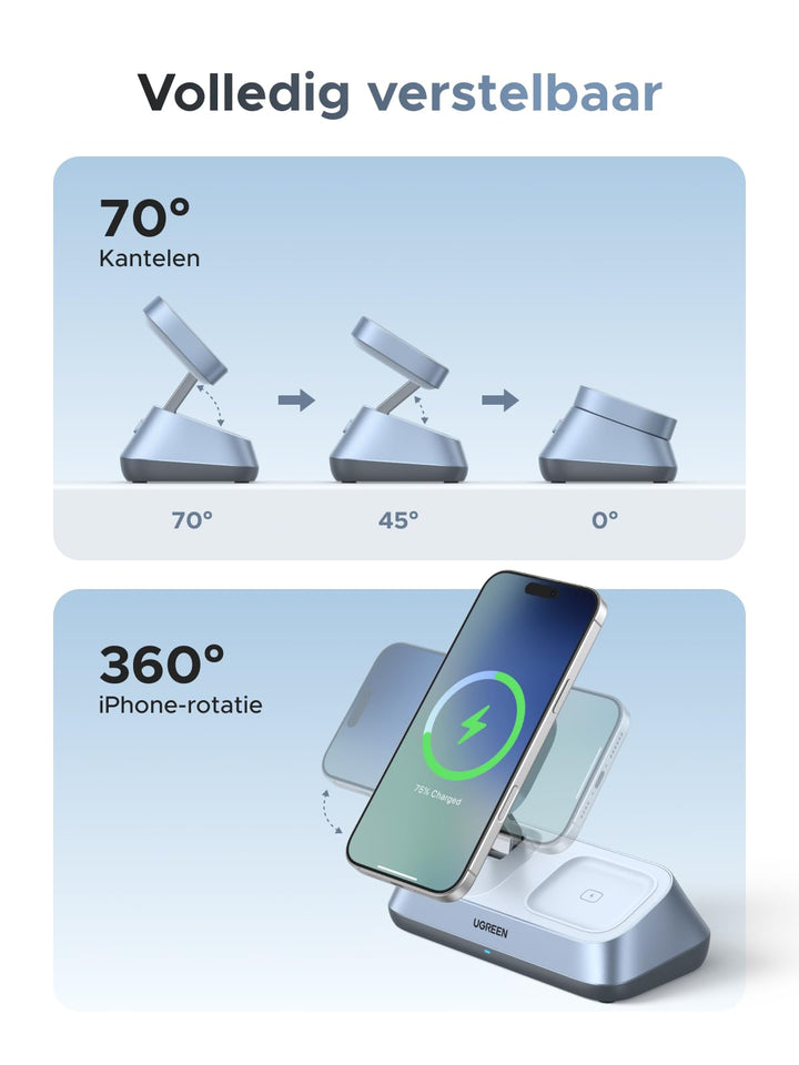 UGREEN MagFlow 3 - in - 1 Magnetische Draadloze Oplader (Qi2 25W, MagSafe - compatibel)