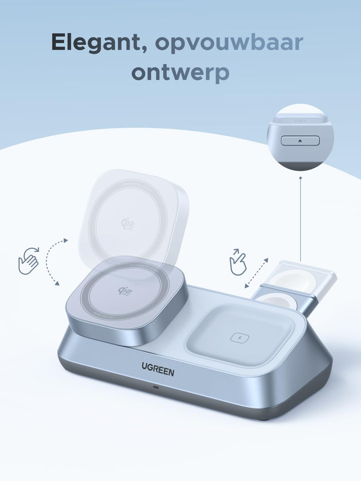 UGREEN MagFlow 3 - in - 1 Magnetische Draadloze Oplader (Qi2 25W, MagSafe - compatibel)