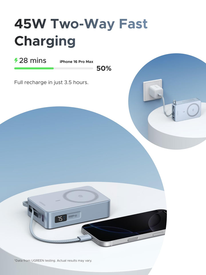 UGREEN MagFlow 3-in-1 Magsafe-compatibele oplader, Qi2 gecertificeerd 15W, 70° verstelbaar oplaadstation voor iPhone 17/16/15/14/13, Watch, AirPods, oplaadstation met 45W voedingsadapter