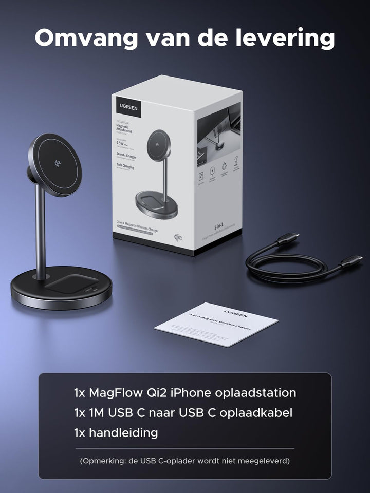 UGREEN MagFlow Qi2 15W iPhone oplaadstation, 2 in 1 draadloze lader MagSafe compatibel, 90°verstelbare draadloze lader, voor iPhone 16/15/14/13/12, AirPods 4/3, met 1M kabel