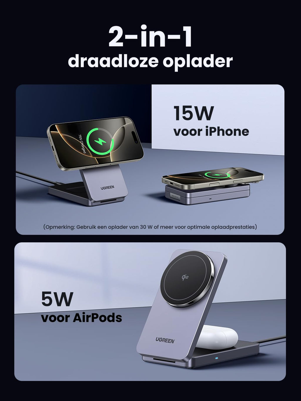UGREEN MagFlow Qi2 15W Magnetisch Oplaadstation 2-in-1 -2-in-1 draadloze oplader