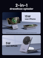 UGREEN MagFlow Qi2 15W Magnetisch Oplaadstation 2-in-1 -2-in-1 draadloze oplader