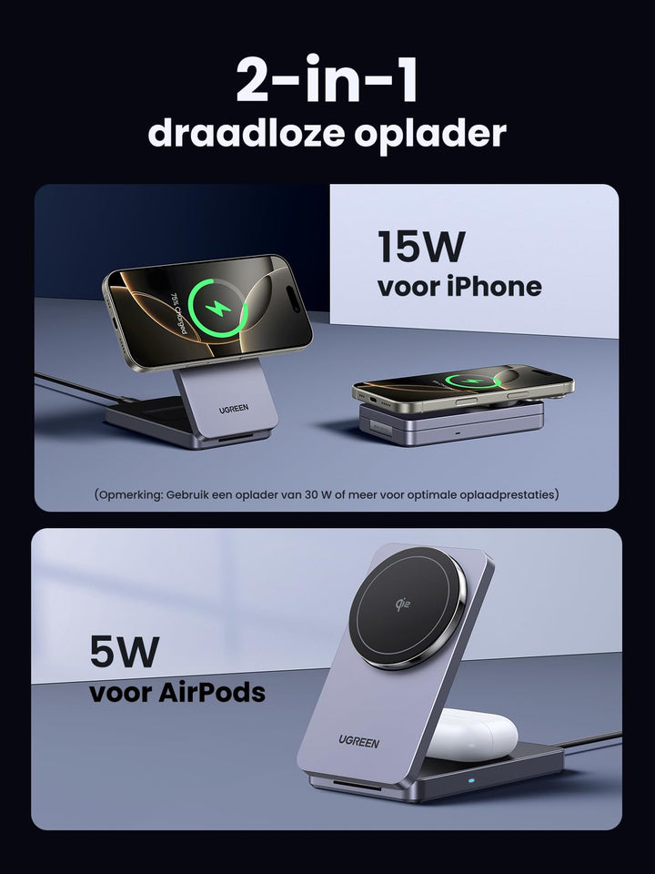 UGREEN MagFlow Qi2 gecertificeerd 15W iPhone oplaadstation 2 in 1 magnetisch oplaadstation