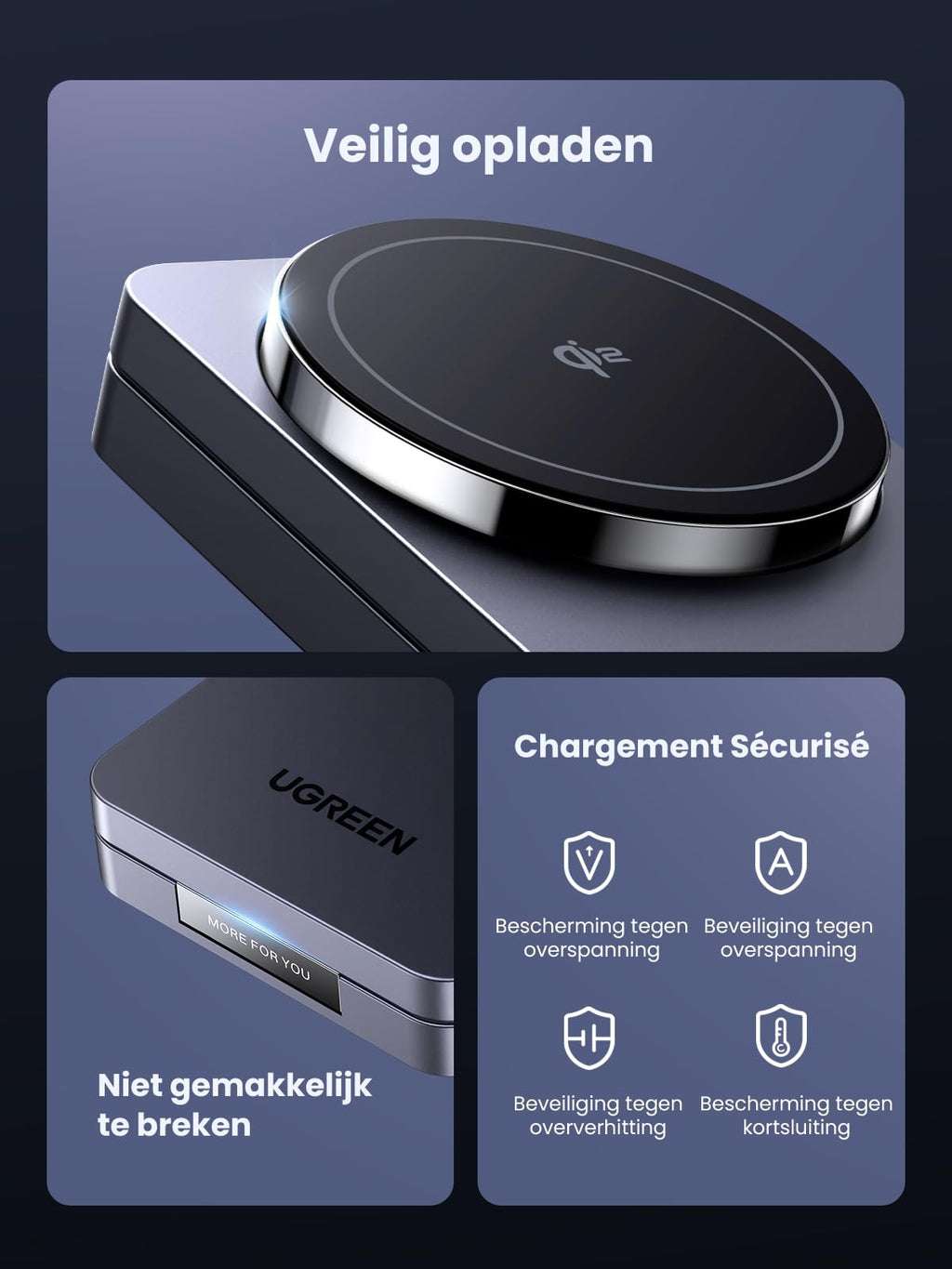 UGREEN MagFlow Qi2 15W Magnetisch Oplaadstation 2-in-1 -veilig opladen