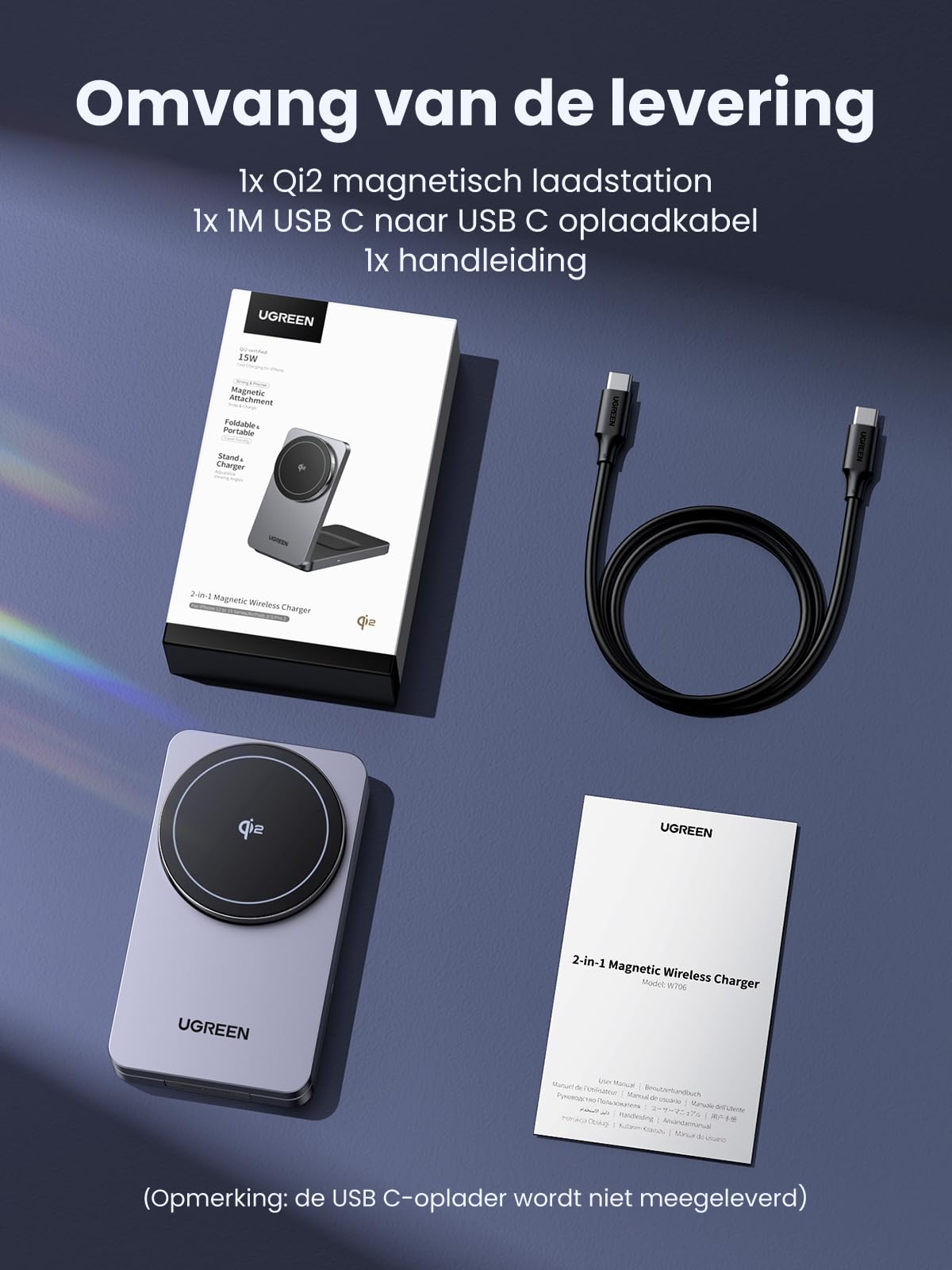 UGREEN MagFlow Qi2 15W Magnetisch Oplaadstation 2-in-1 -omvang van de levering