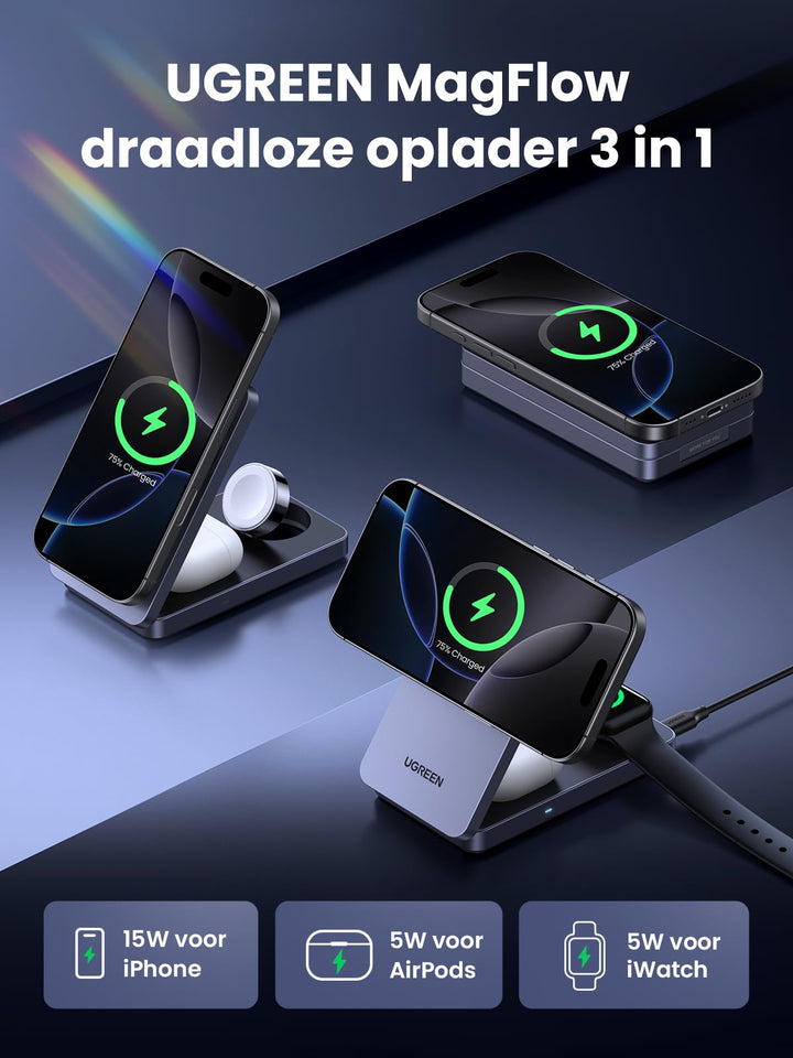 UGREEN MagFlow Qi2 gecertificeerd iPhone oplaadstation 3 in 1 15W draadloze oplader