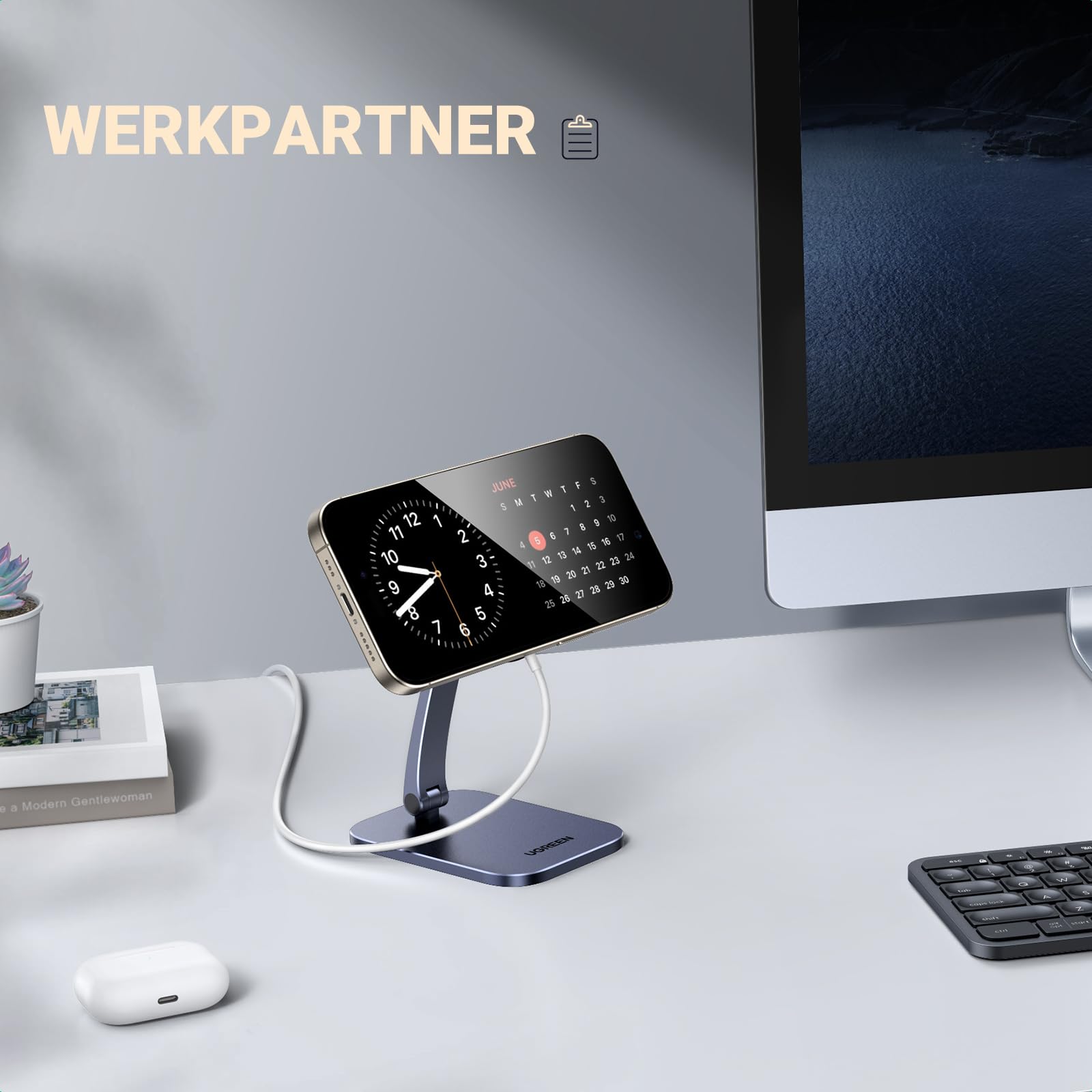 UGREEN MagSafe Telefoon Standaard iPhone StandBy Modus Houder In Hoogte en Hoek Verstelbaar Opvouwbare Draagbare Aluminium Houder Compatibel met iPhone 15 Pro Max 15 Plus 14 13 12, MagSafe Hoes